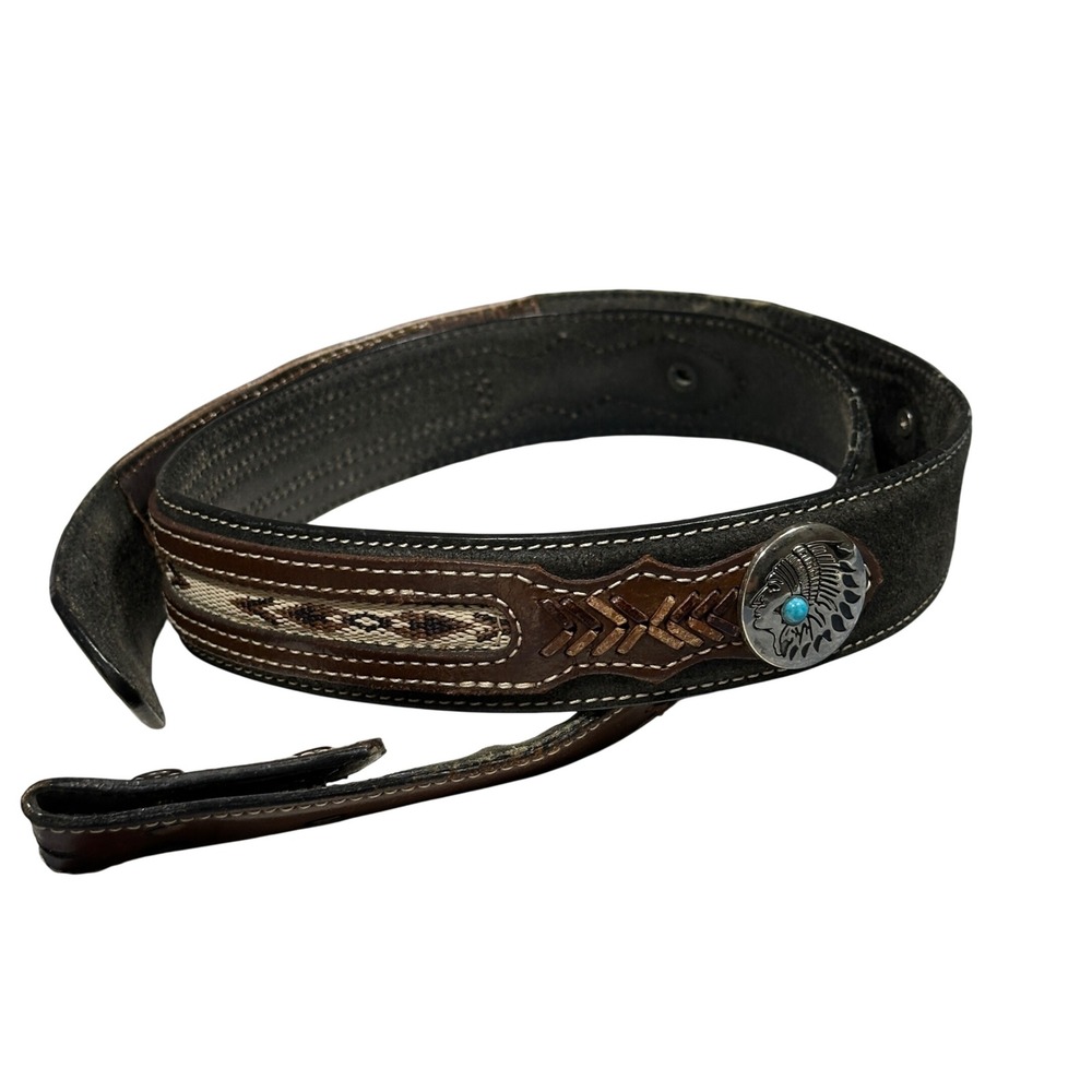 Western Leather Belt Woven Inlay Native American Chief Concho Turquoise Brown
